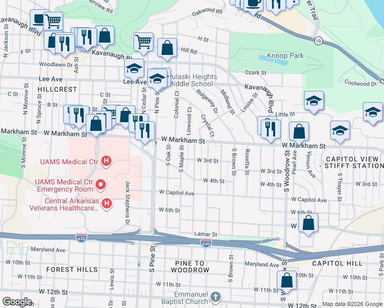 map of restaurants, bars, coffee shops, grocery stores, and more near 109 South Valentine Street in Little Rock