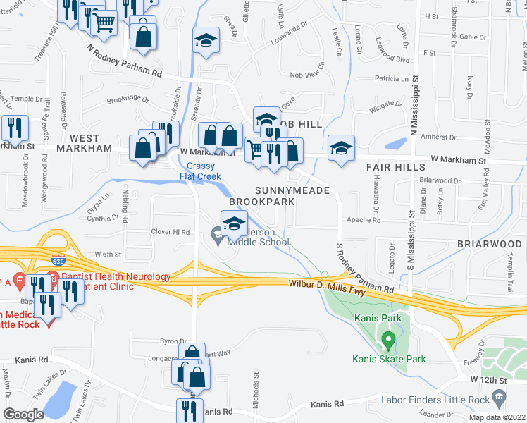map of restaurants, bars, coffee shops, grocery stores, and more near 405 Brookpark Drive in Little Rock