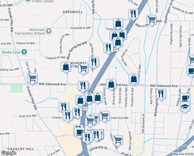 map of restaurants, bars, coffee shops, grocery stores, and more near 2024 Memorial Parkway Northwest in Huntsville