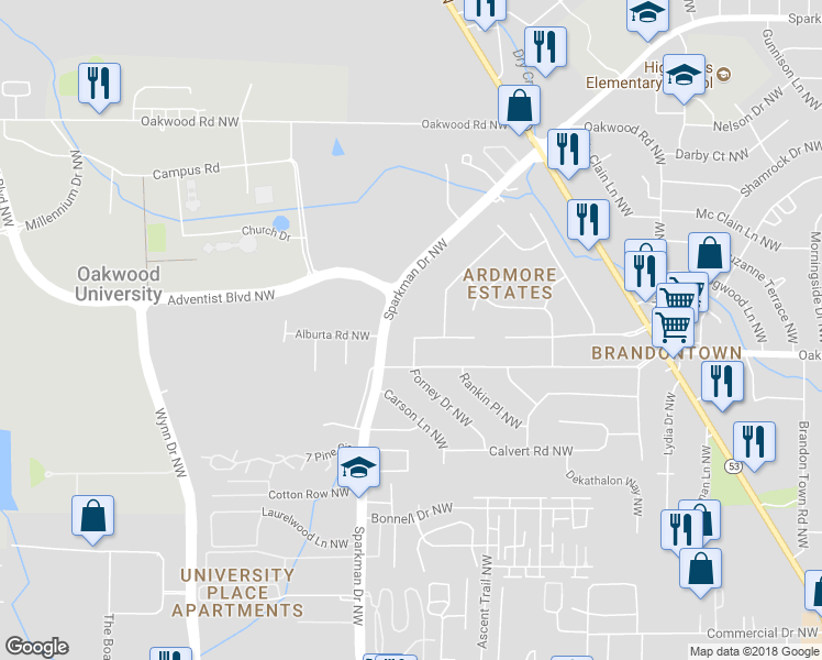 map of restaurants, bars, coffee shops, grocery stores, and more near 1909 Forney Drive Northwest in Huntsville