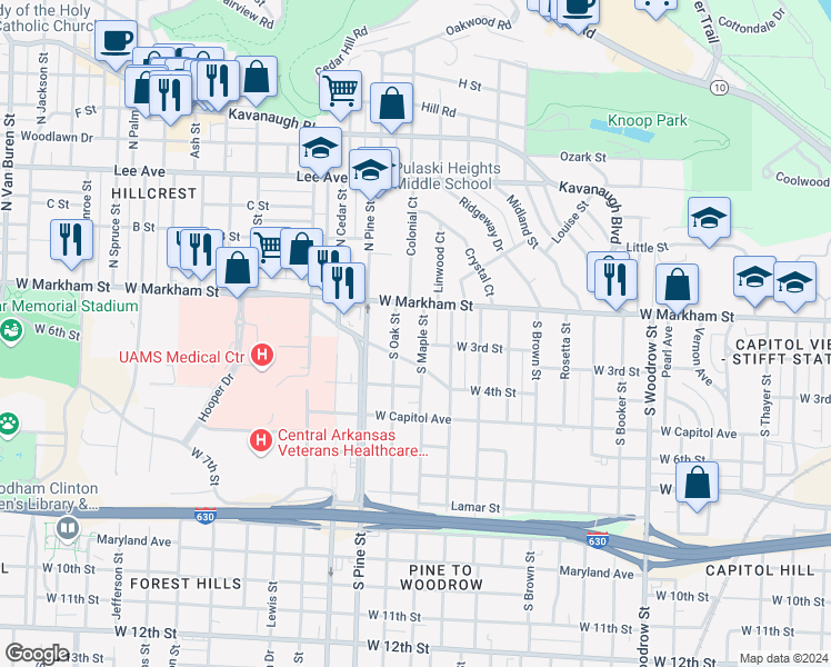 map of restaurants, bars, coffee shops, grocery stores, and more near 114 South Maple Street in Little Rock