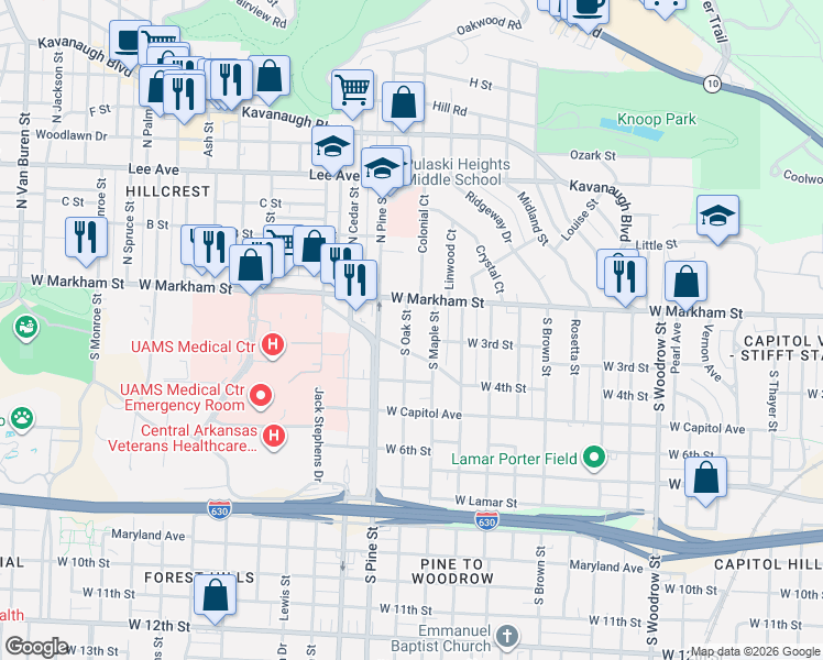 map of restaurants, bars, coffee shops, grocery stores, and more near 114 South Maple Street in Little Rock