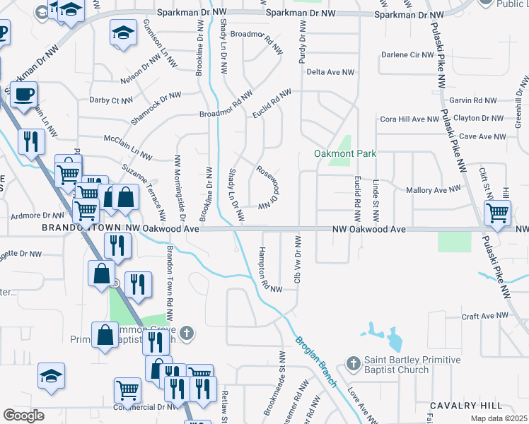 map of restaurants, bars, coffee shops, grocery stores, and more near 2006 Rosewood Drive Northwest in Huntsville