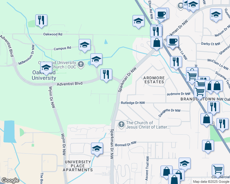 map of restaurants, bars, coffee shops, grocery stores, and more near 4900 Alburta Road Northwest in Huntsville