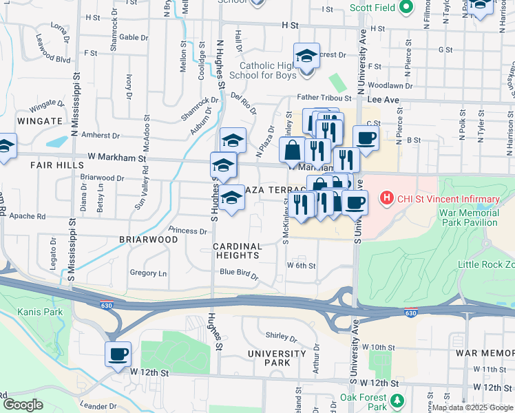 map of restaurants, bars, coffee shops, grocery stores, and more near 503 Nottingham Road in Little Rock