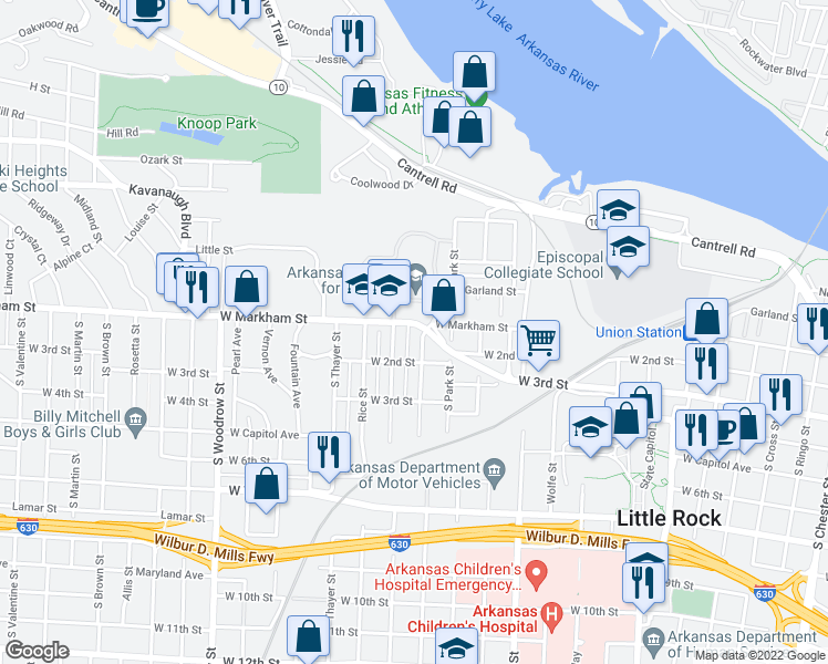 map of restaurants, bars, coffee shops, grocery stores, and more near 102 Barton Street in Little Rock