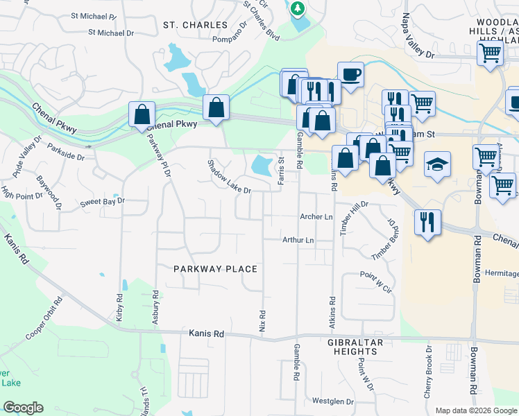 map of restaurants, bars, coffee shops, grocery stores, and more near 315 Shadow View Drive in Little Rock
