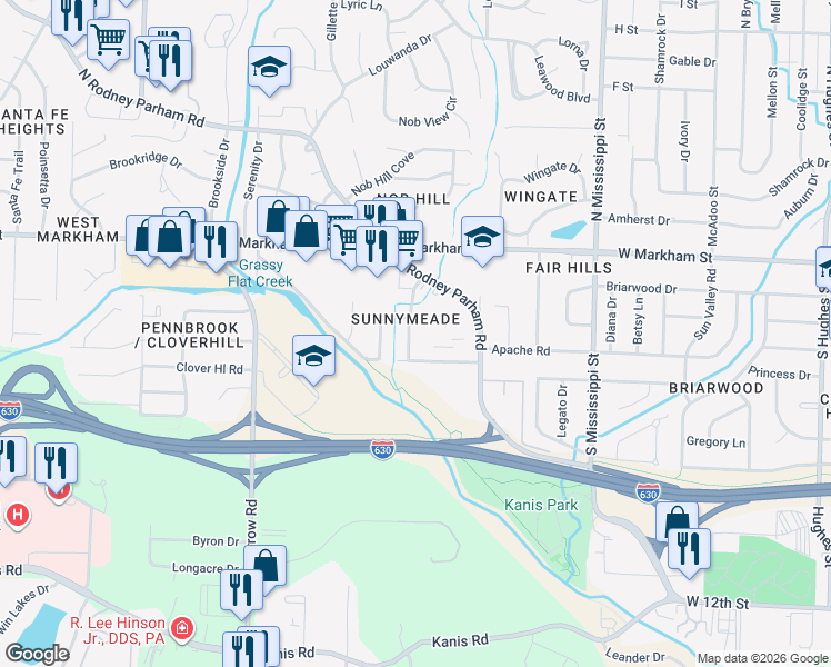 map of restaurants, bars, coffee shops, grocery stores, and more near 411 Sunnymeade Drive in Little Rock