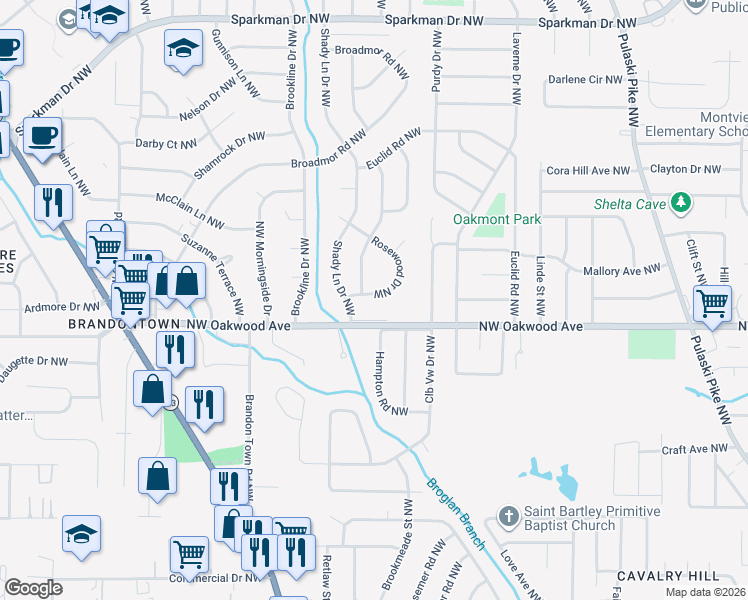 map of restaurants, bars, coffee shops, grocery stores, and more near 2006 Rosewood Drive Northwest in Huntsville