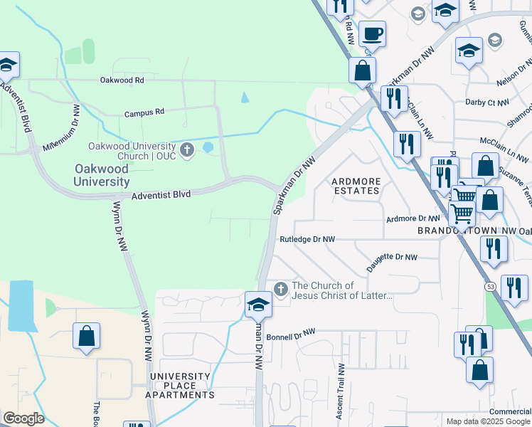 map of restaurants, bars, coffee shops, grocery stores, and more near 4900 Alburta Road Northwest in Huntsville