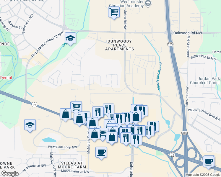 map of restaurants, bars, coffee shops, grocery stores, and more near 1421 Old Monrovia Rd NW in Huntsville
