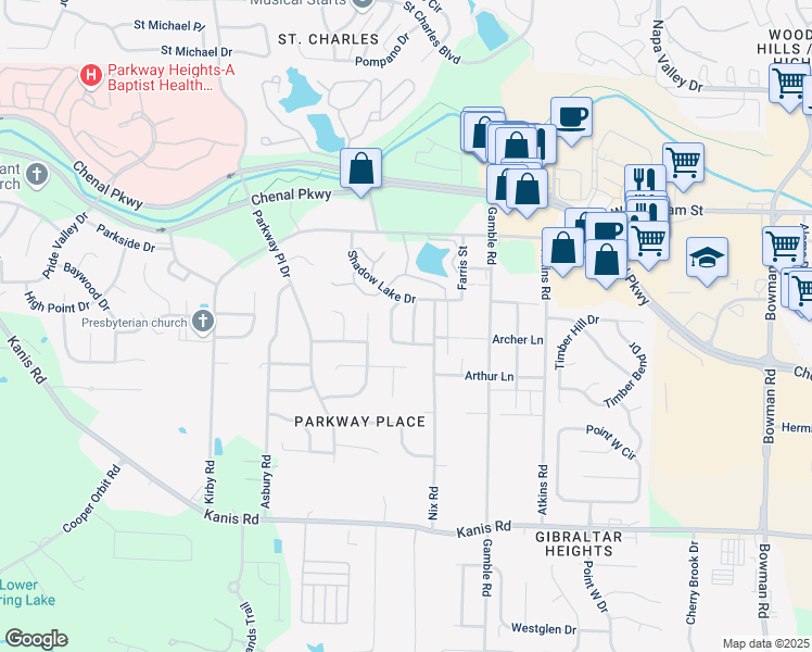 map of restaurants, bars, coffee shops, grocery stores, and more near 315 Shadow View Drive in Little Rock