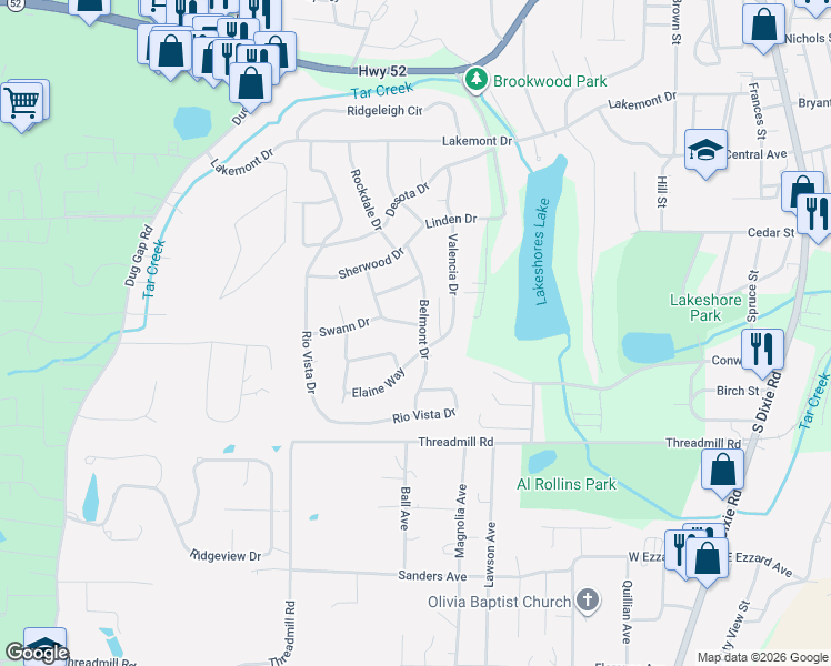 map of restaurants, bars, coffee shops, grocery stores, and more near 1510 Braiden Road in Dalton