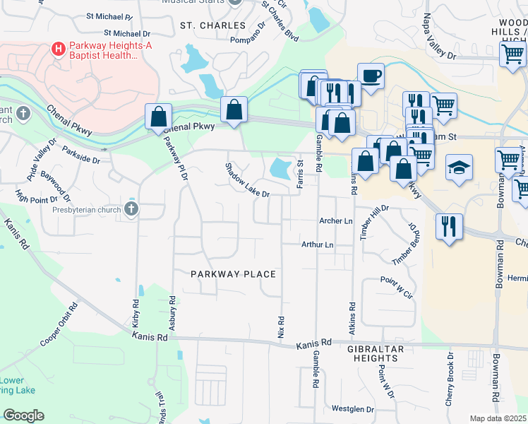 map of restaurants, bars, coffee shops, grocery stores, and more near 315 Shadow View Drive in Little Rock