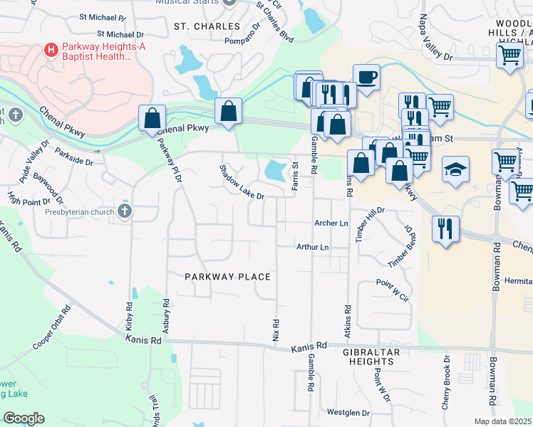 map of restaurants, bars, coffee shops, grocery stores, and more near 315 Shadow View Drive in Little Rock