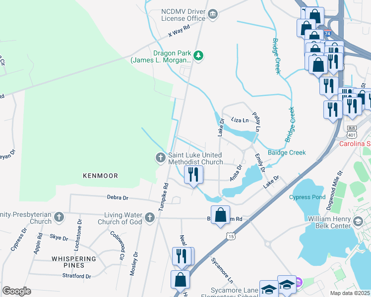 map of restaurants, bars, coffee shops, grocery stores, and more near Farmfield Circle in Laurinburg