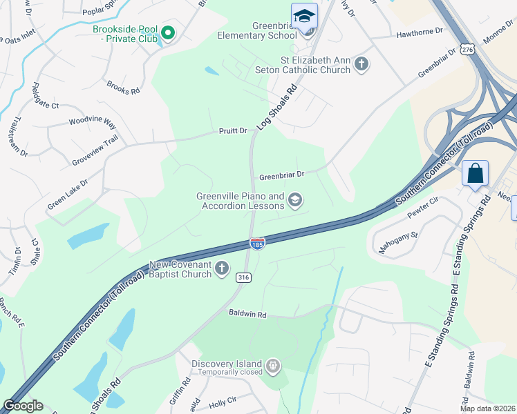 map of restaurants, bars, coffee shops, grocery stores, and more near 680 Log Shoals Road in Greenville
