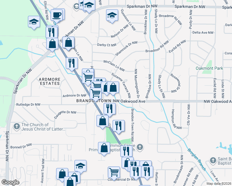 map of restaurants, bars, coffee shops, grocery stores, and more near 2017 Dogwood Lane Northwest in Huntsville