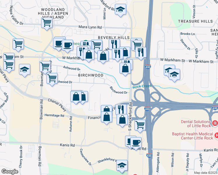 map of restaurants, bars, coffee shops, grocery stores, and more near 11021 Birchwood Drive in Little Rock