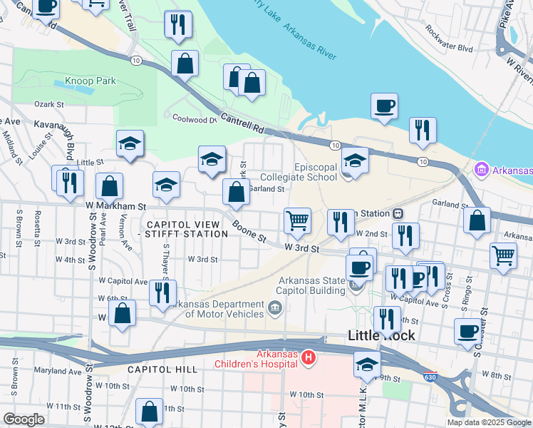 map of restaurants, bars, coffee shops, grocery stores, and more near 101 South Schiller Street in Little Rock