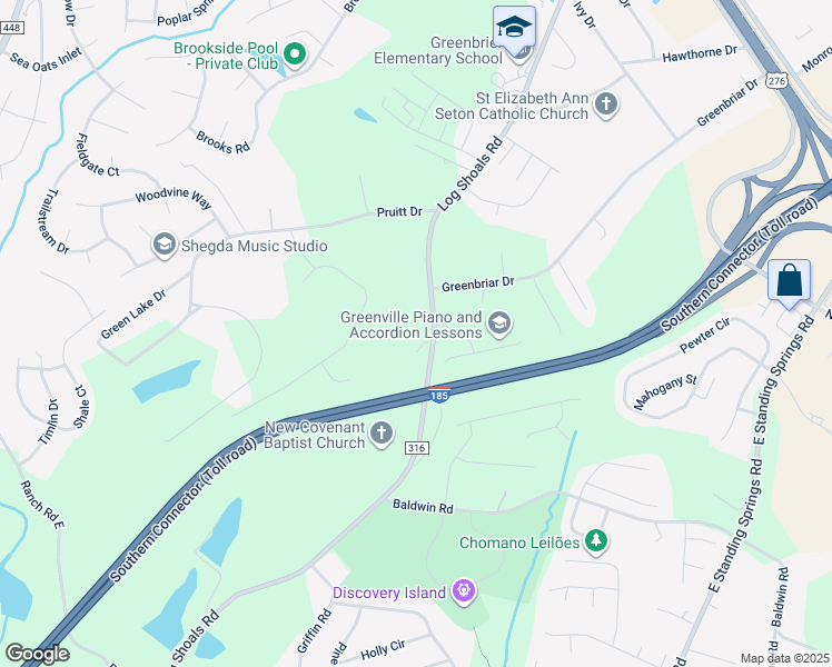 map of restaurants, bars, coffee shops, grocery stores, and more near 641 Log Shoals Road in Greenville