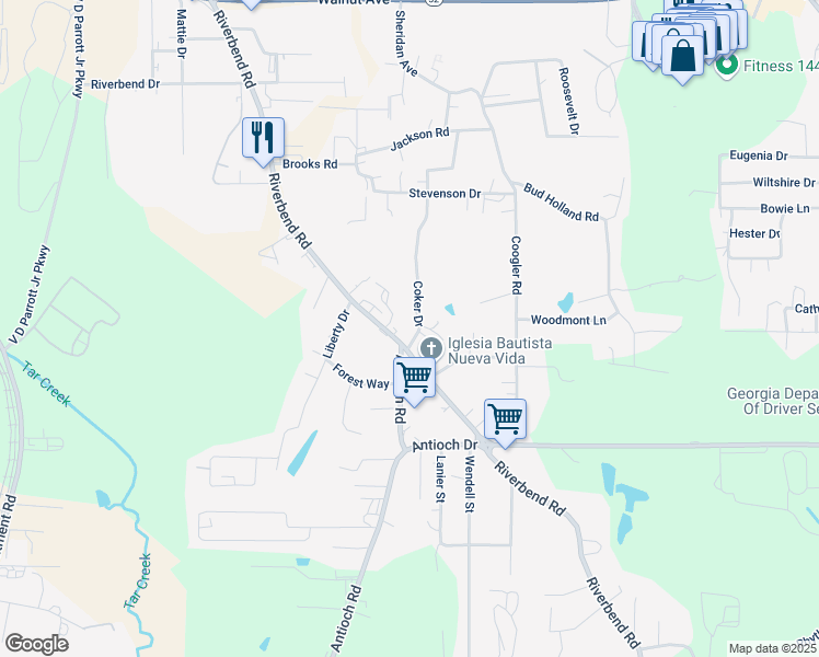 map of restaurants, bars, coffee shops, grocery stores, and more near 1311 Riverbend Road in Dalton