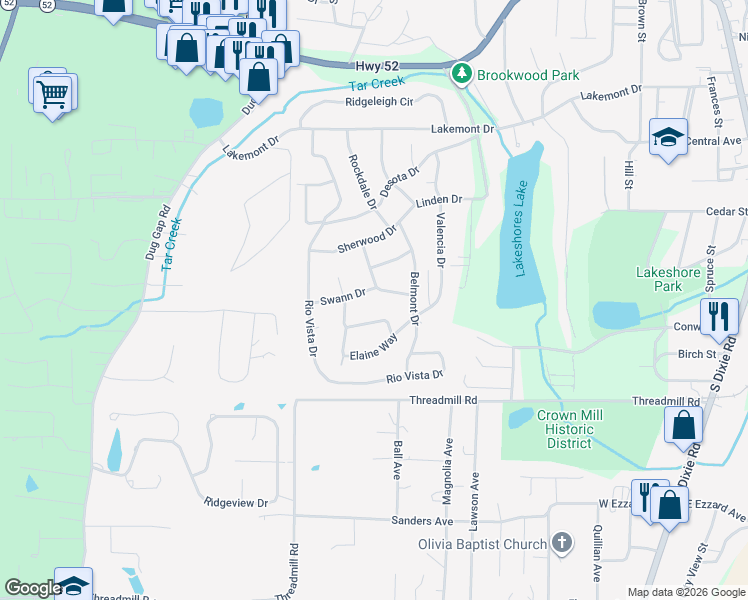 map of restaurants, bars, coffee shops, grocery stores, and more near 1301 Swann Drive in Dalton