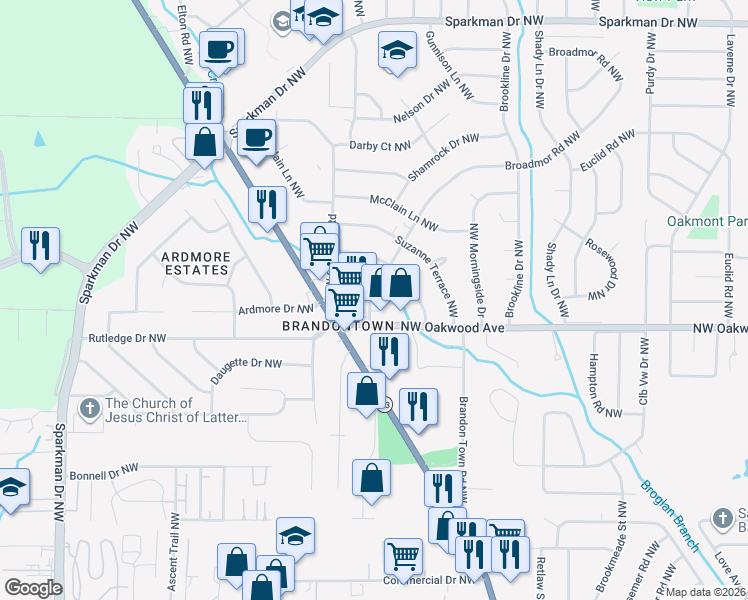 map of restaurants, bars, coffee shops, grocery stores, and more near 4201 Chalet Circle Northwest in Huntsville