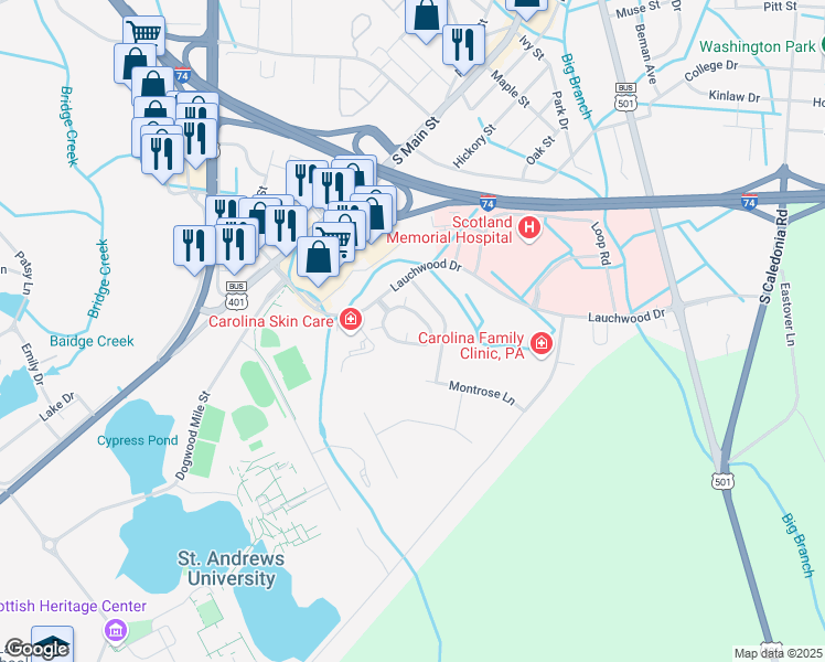 map of restaurants, bars, coffee shops, grocery stores, and more near 604 Sherbrooke Circle in Laurinburg