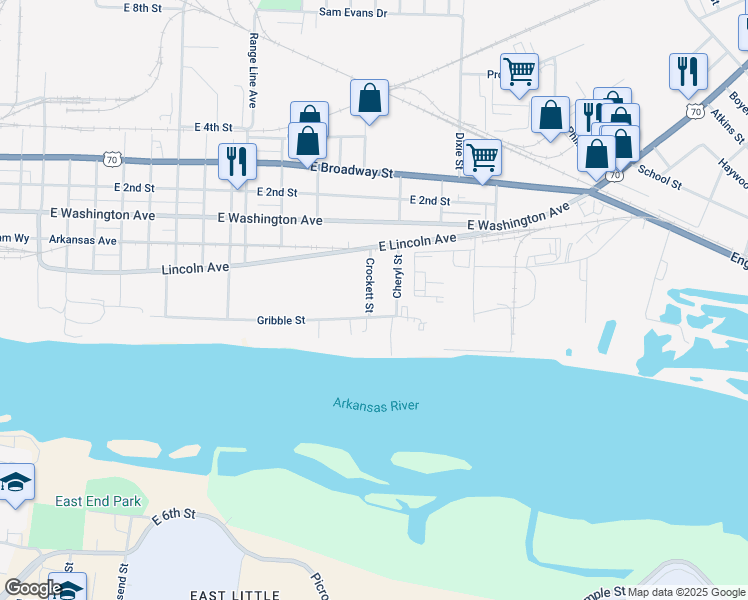 map of restaurants, bars, coffee shops, grocery stores, and more near 316 Crockett Street in North Little Rock
