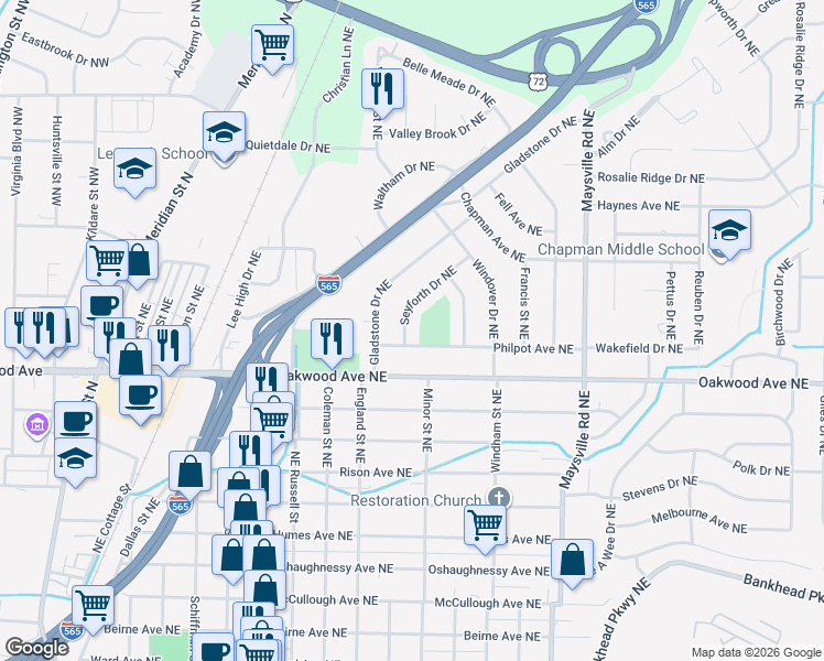 map of restaurants, bars, coffee shops, grocery stores, and more near 2102 Seyforth Drive Northeast in Huntsville