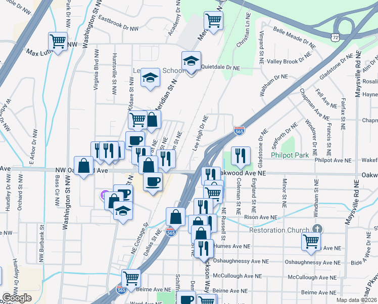 map of restaurants, bars, coffee shops, grocery stores, and more near 2017 Lee High Drive Northeast in Huntsville