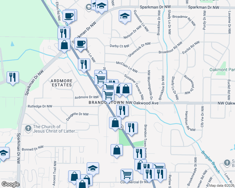 map of restaurants, bars, coffee shops, grocery stores, and more near 4201 Chalet Circle Northwest in Huntsville