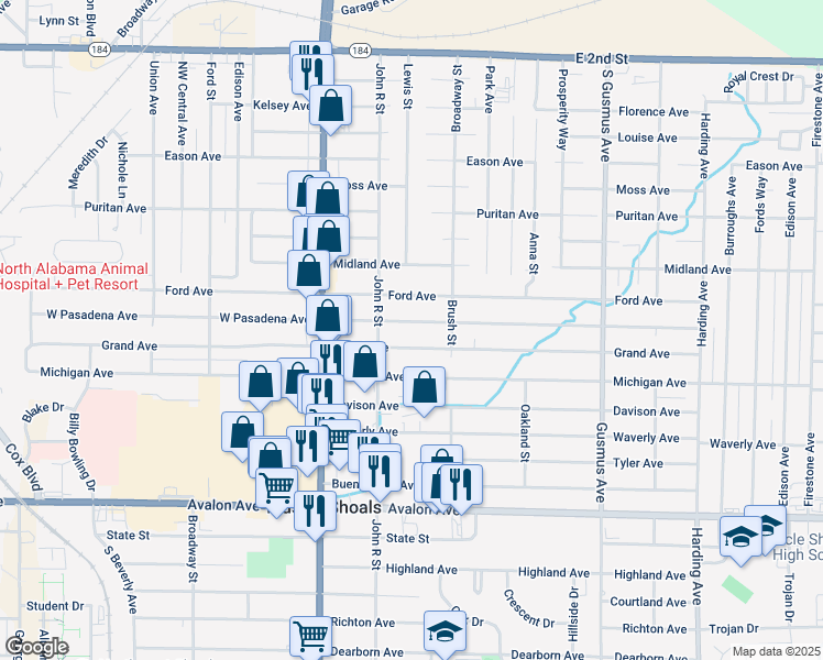 map of restaurants, bars, coffee shops, grocery stores, and more near 700-798 Pasadena Avenue in Muscle Shoals