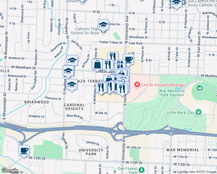 map of restaurants, bars, coffee shops, grocery stores, and more near 314 South University Avenue in Little Rock
