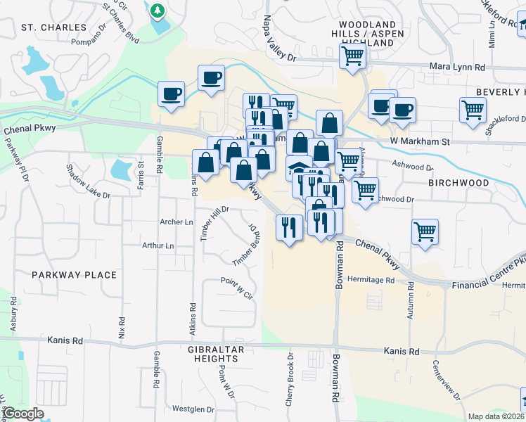 map of restaurants, bars, coffee shops, grocery stores, and more near 12602 Timber Hill Drive in Little Rock