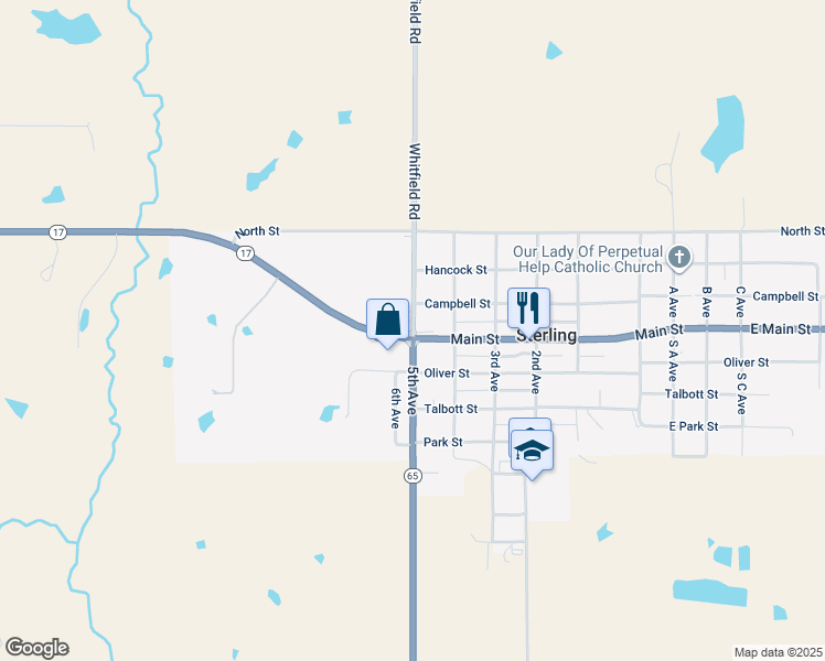 map of restaurants, bars, coffee shops, grocery stores, and more near 5 5th Avenue in Sterling