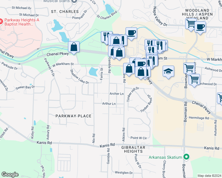 map of restaurants, bars, coffee shops, grocery stores, and more near 401 Gamble Road in Little Rock