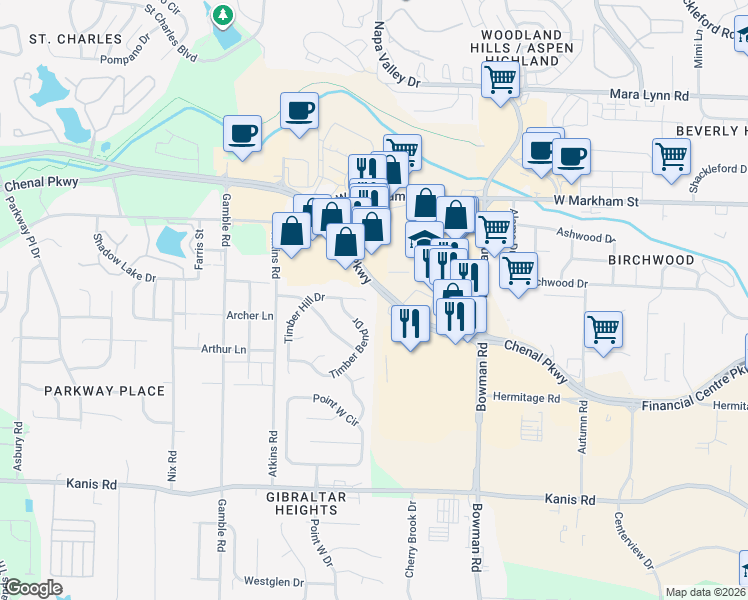 map of restaurants, bars, coffee shops, grocery stores, and more near 12602 Timber Hill Drive in Little Rock