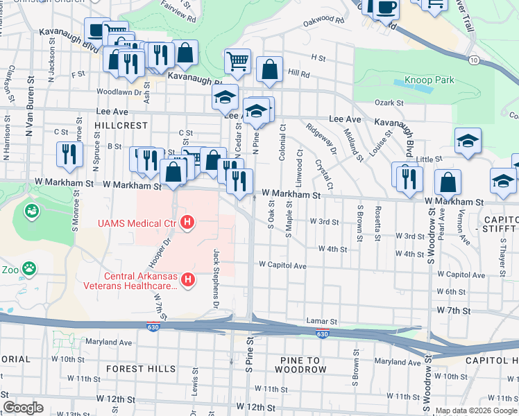 map of restaurants, bars, coffee shops, grocery stores, and more near 119 South Pine Street in Little Rock