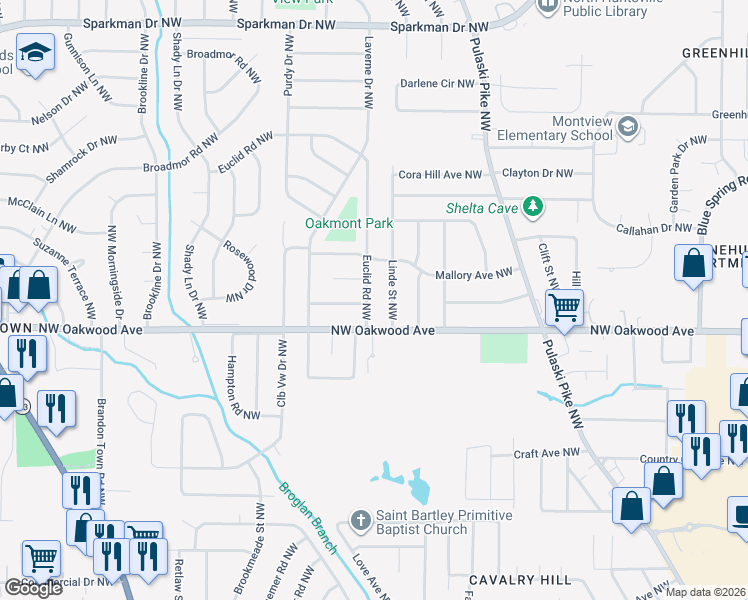 map of restaurants, bars, coffee shops, grocery stores, and more near 2107 Euclid Road Northwest in Huntsville