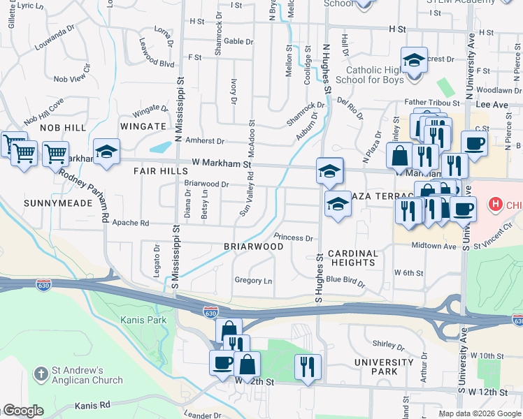 map of restaurants, bars, coffee shops, grocery stores, and more near 7208 Apache Road in Little Rock