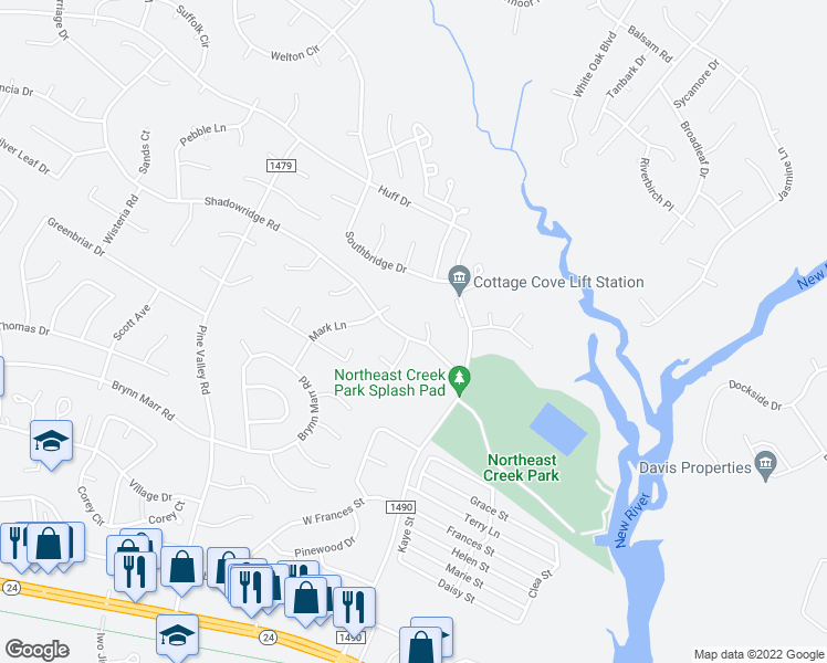map of restaurants, bars, coffee shops, grocery stores, and more near 544 Shadowridge Road in Jacksonville