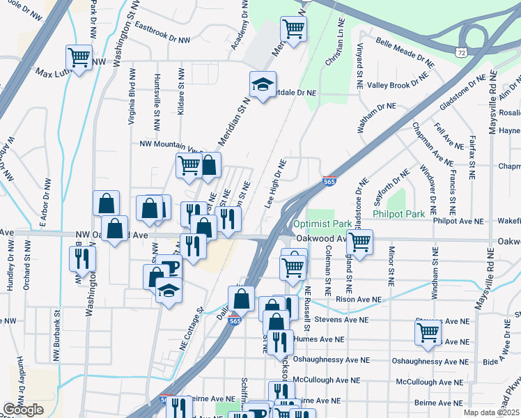 map of restaurants, bars, coffee shops, grocery stores, and more near 2017 Lee High Drive Northeast in Huntsville