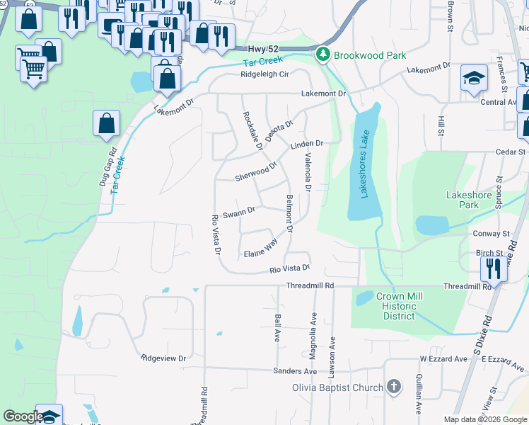 map of restaurants, bars, coffee shops, grocery stores, and more near 1301 Swann Drive in Dalton