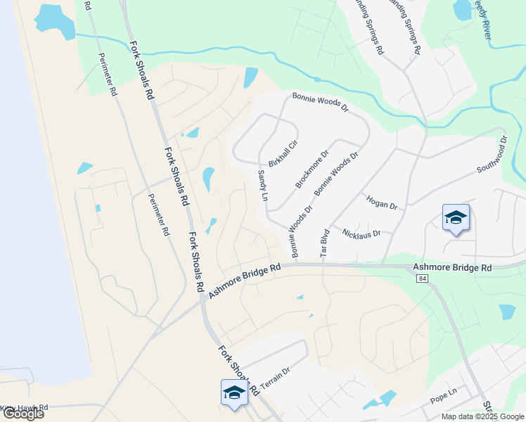 map of restaurants, bars, coffee shops, grocery stores, and more near 101 Sandy Lane in Greenville
