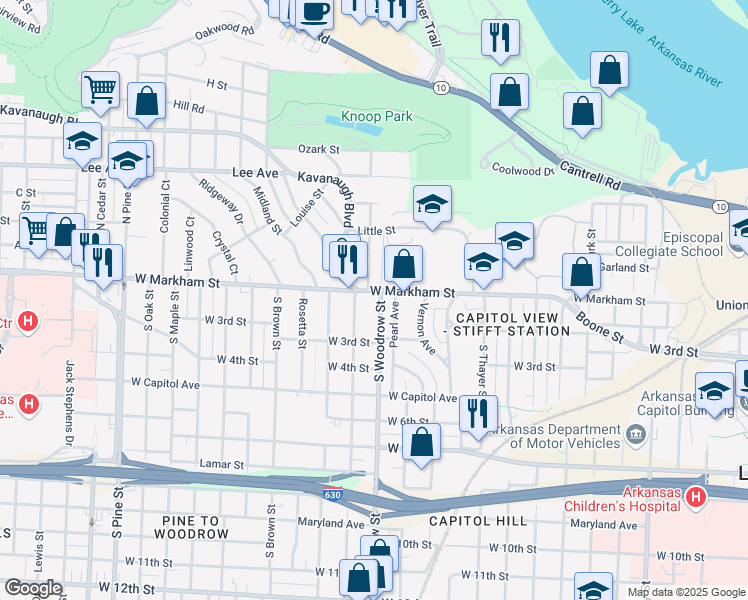 map of restaurants, bars, coffee shops, grocery stores, and more near 102 South Woodrow Street in Little Rock