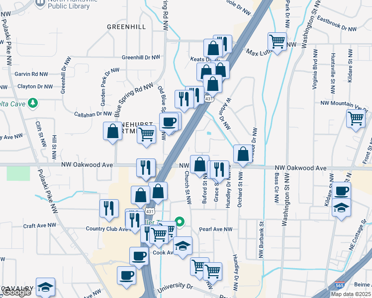 map of restaurants, bars, coffee shops, grocery stores, and more near 2012 Mims Court Northeast in Huntsville