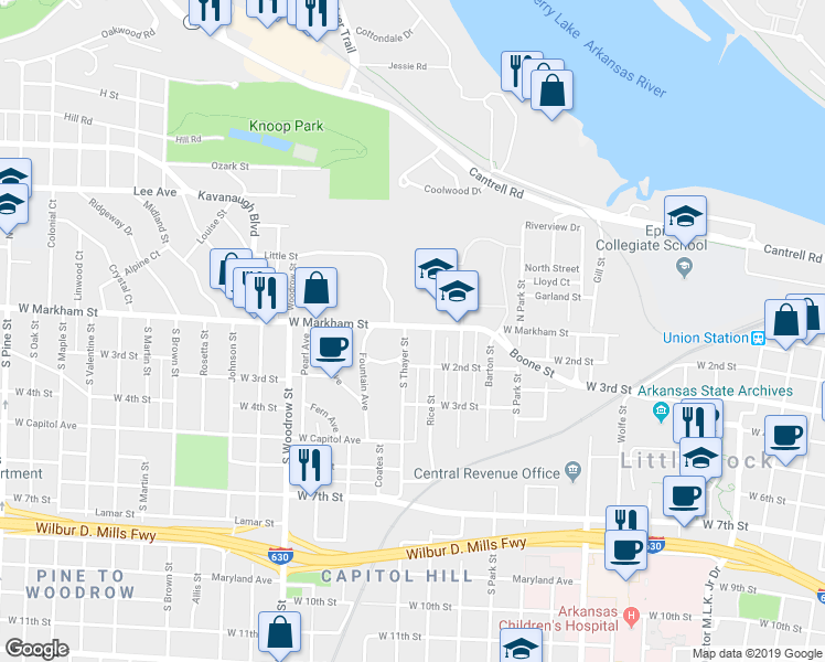 map of restaurants, bars, coffee shops, grocery stores, and more near 106 South Thayer Street in Little Rock