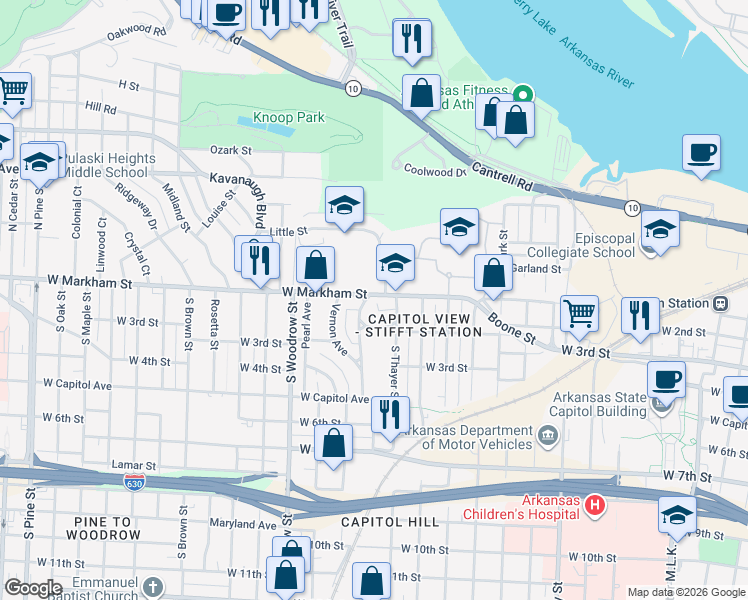 map of restaurants, bars, coffee shops, grocery stores, and more near 2601 West Markham Street in Little Rock